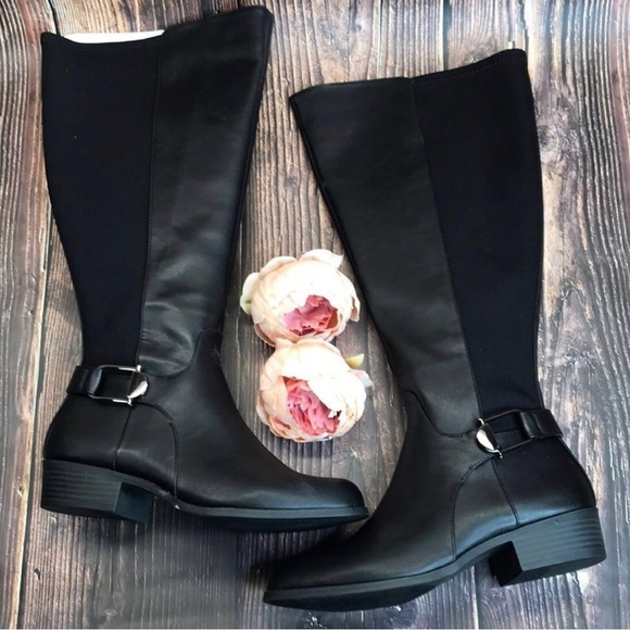 Full Zip Black stretch knit Calf Tall Alfani KALLUM Riding Rain Boots NIB - Picture 3 of 16